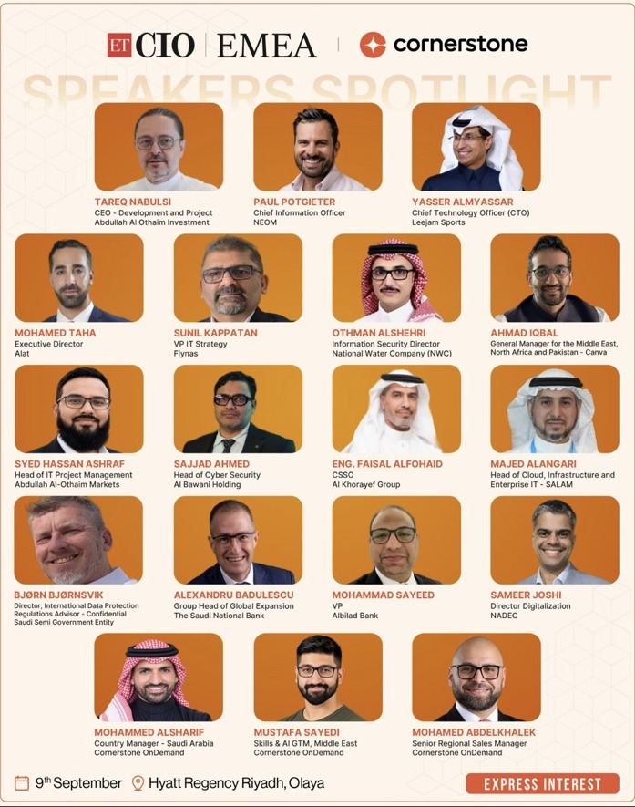 ET CIO EMEA and Cornerstone promotional artwork listing the participants in The AI-Ready Enterprise roundtable in Riyadh on 9 September 2026